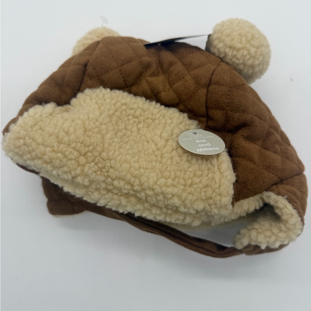 Brown Hat and Mittens with Pom Poms